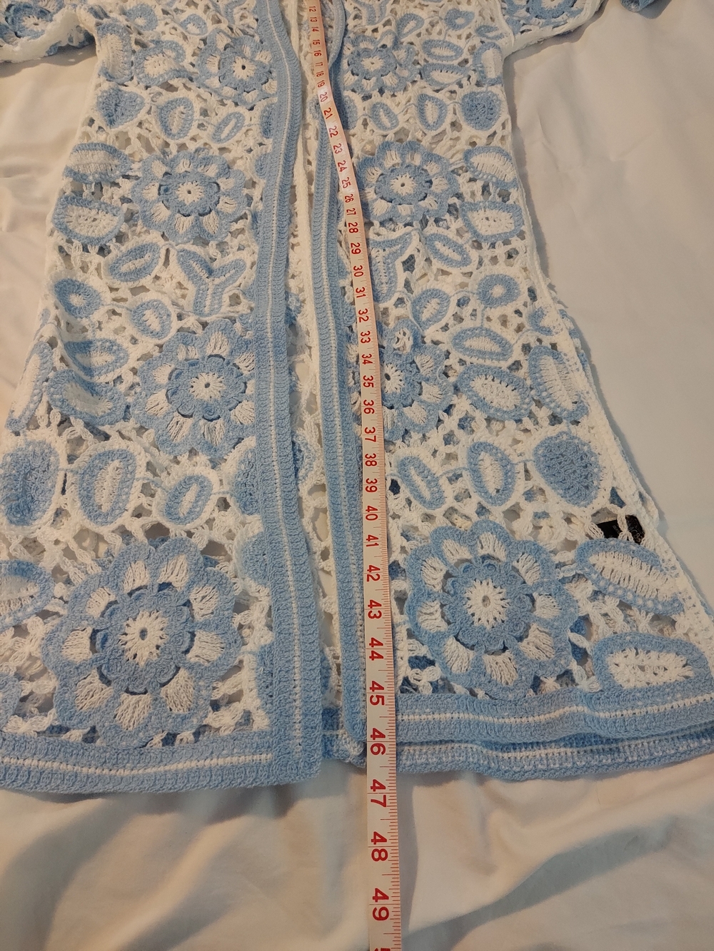 POL Boho Blue White Floral Crochet Open Front Knit Weave Duster Cardigan OS - Picture 6 of 8